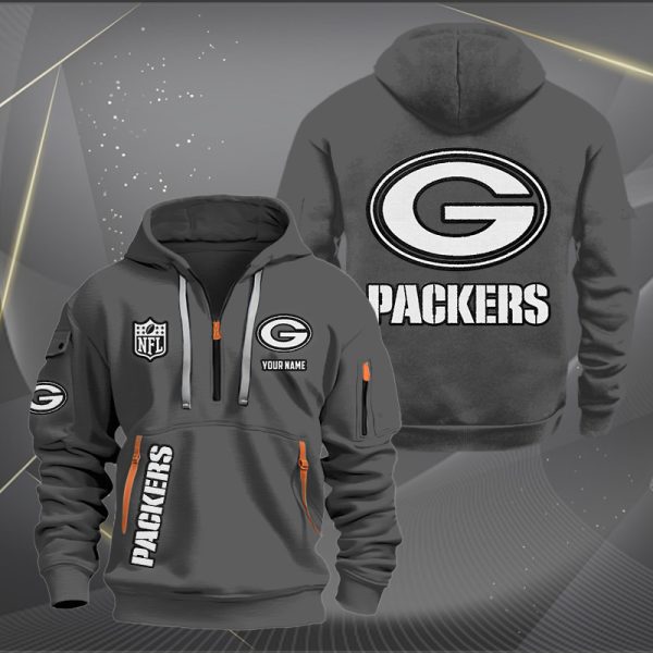 Green Bay Packers White Logo NFL Quarter Zip Hoodie - Image 3