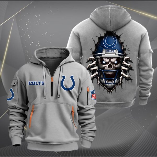 Indianapolis Colts Football Player Skull Quarter Zip Hoodie - Image 4