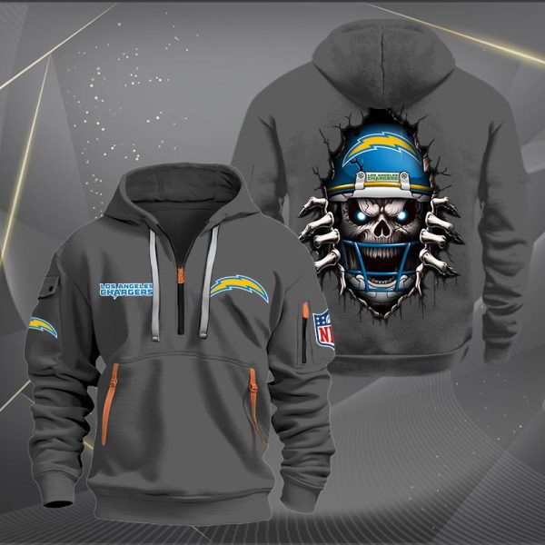 Los Angeles Chargers Football Player Skull Quarter Zip Hoodie - Image 4