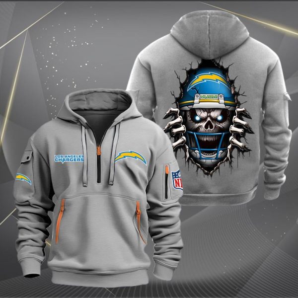 Los Angeles Chargers Football Player Skull Quarter Zip Hoodie - Image 5