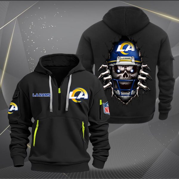 Los Angeles Rams Football Player Skull Quarter Zip Hoodie - Image 3