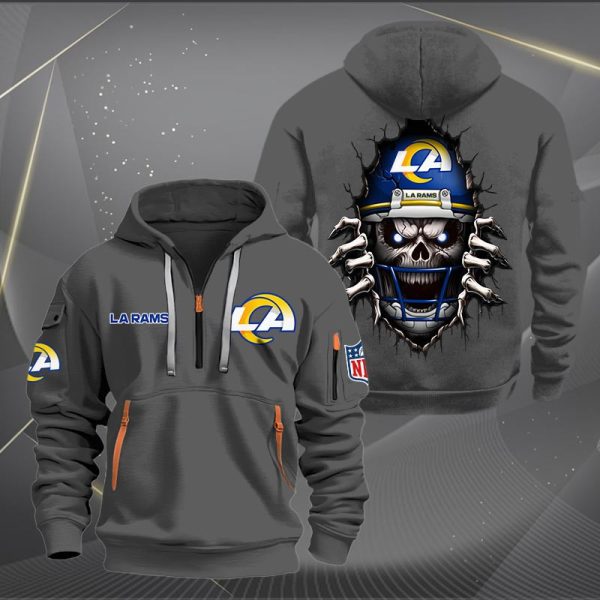 Los Angeles Rams Football Player Skull Quarter Zip Hoodie - Image 4