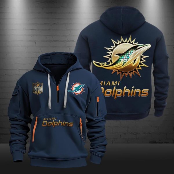 Miami Dolphins Golden Logo NFL Quarter Zip Hoodie - Image 3