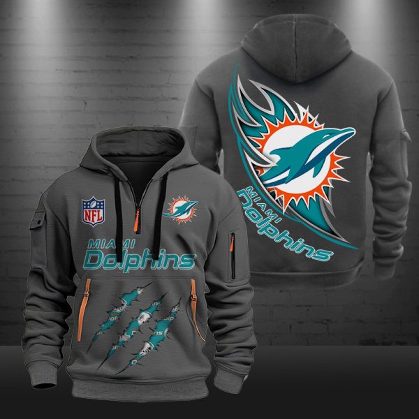 Miami Dolphins Monster Scratch Logo NFL Quarter Zip Hoodie - Image 4