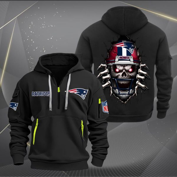 New England Patriots Football Player Skull Quarter Zip Hoodie - Image 2