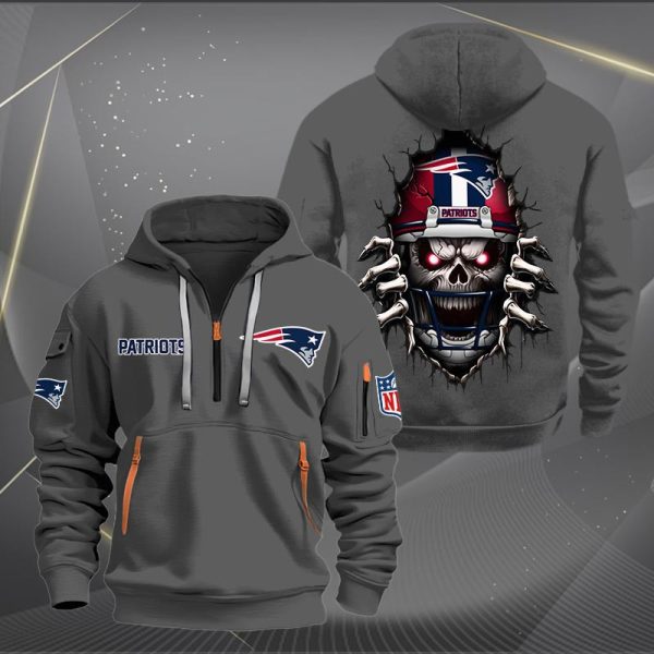 New England Patriots Football Player Skull Quarter Zip Hoodie - Image 3
