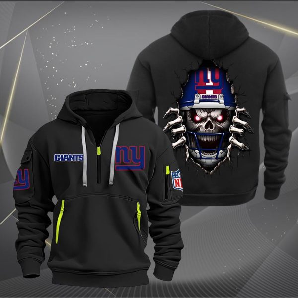 New York Giants Football Player Skull Quarter Zip Hoodie - Image 2