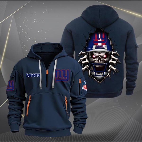 New York Giants Football Player Skull Quarter Zip Hoodie - Image 3