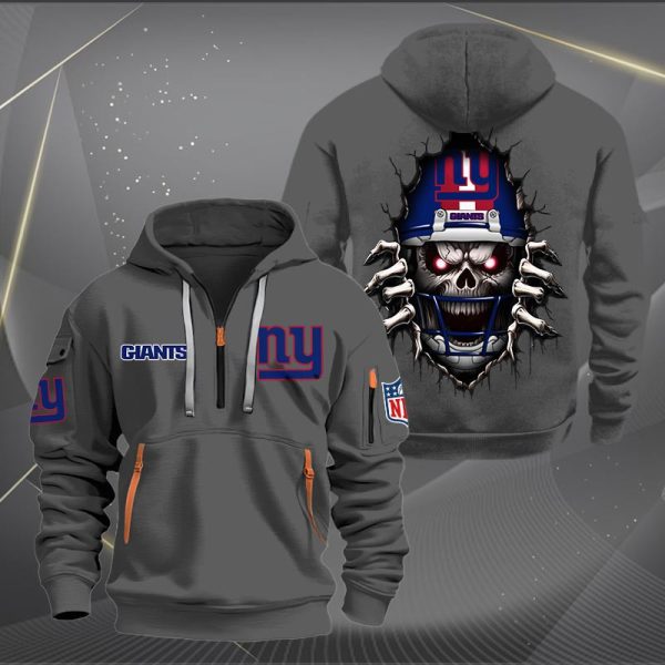 New York Giants Football Player Skull Quarter Zip Hoodie - Image 4