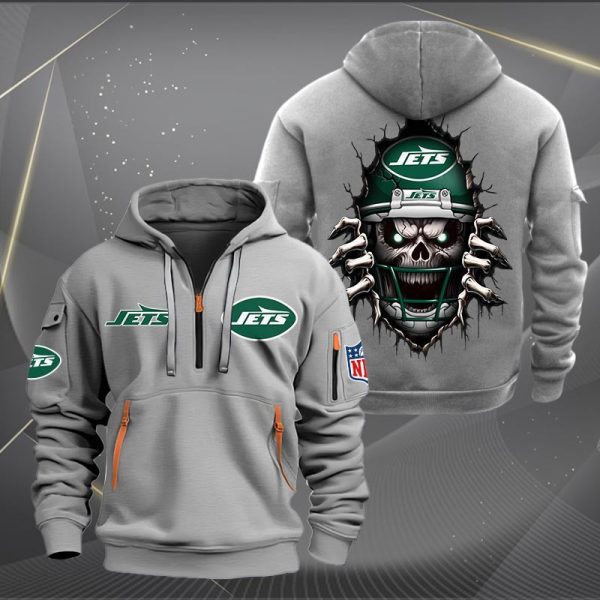 New York Jets Football Player Skull Quarter Zip Hoodie - Image 2