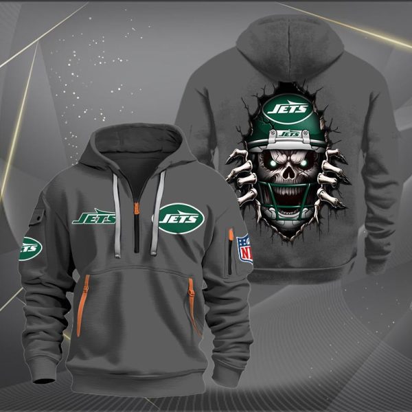 New York Jets Football Player Skull Quarter Zip Hoodie - Image 5