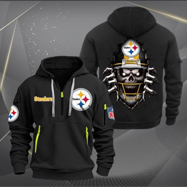 Pittsburgh Steelers Football Player Skull Quarter Zip Hoodie - Image 3