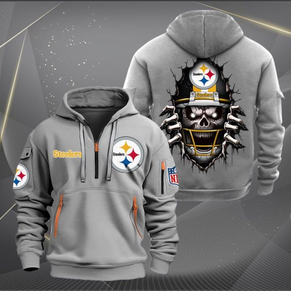 Pittsburgh Steelers Football Player Skull Quarter Zip Hoodie - Image 5