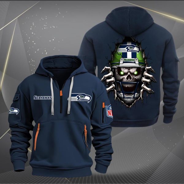 Seattle Seahawks Football Player Skull Quarter Zip Hoodie