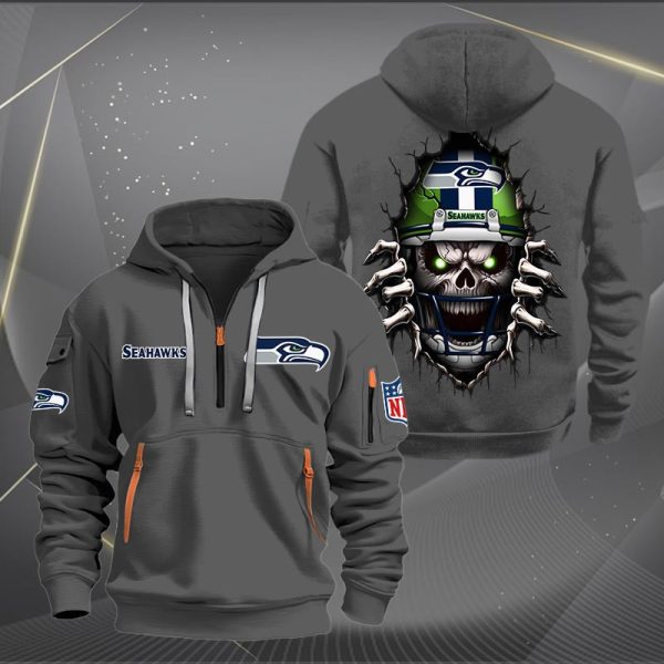 Seattle Seahawks Football Player Skull Quarter Zip Hoodie - Image 3