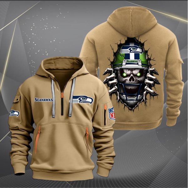 Seattle Seahawks Football Player Skull Quarter Zip Hoodie - Image 5