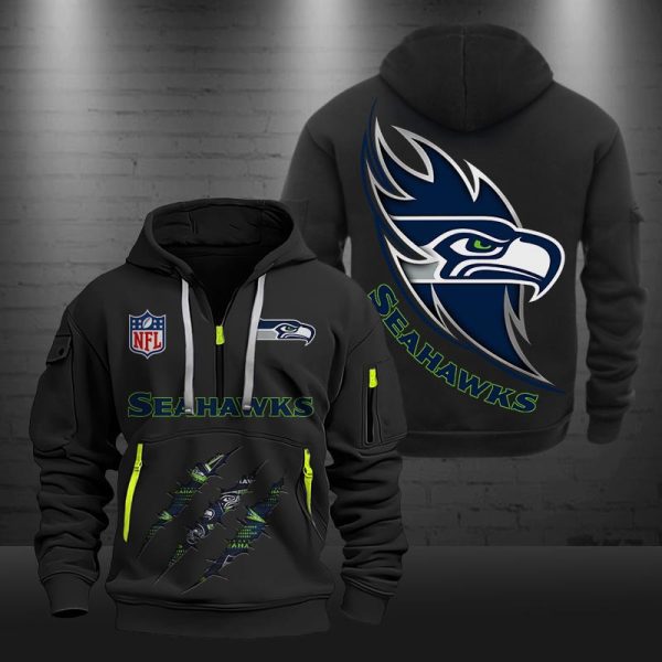 Seattle Seahawks Monster Scratch Logo NFL Quarter Zip Hoodie - Image 2