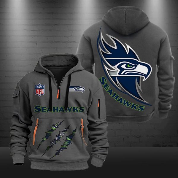 Seattle Seahawks Monster Scratch Logo NFL Quarter Zip Hoodie - Image 3