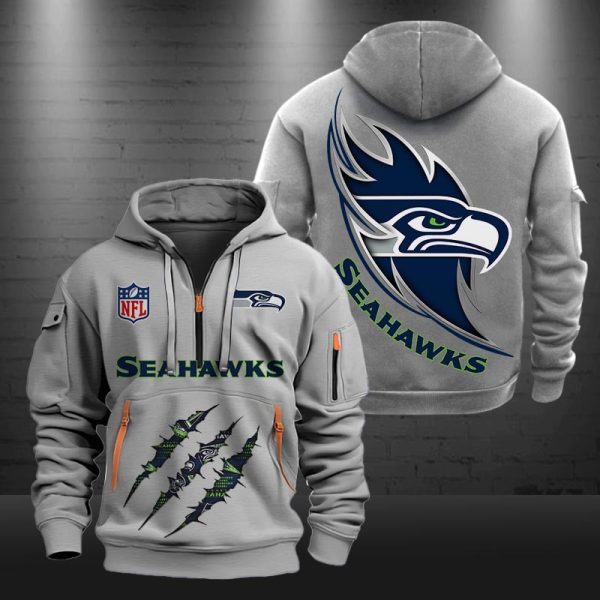 Seattle Seahawks Monster Scratch Logo NFL Quarter Zip Hoodie - Image 4