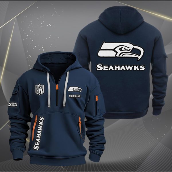 Seattle Seahawks White Logo NFL Quarter Zip Hoodie - Image 2