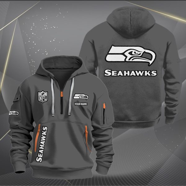 Seattle Seahawks White Logo NFL Quarter Zip Hoodie - Image 3