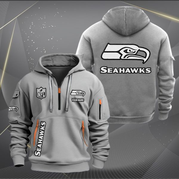 Seattle Seahawks White Logo NFL Quarter Zip Hoodie - Image 4