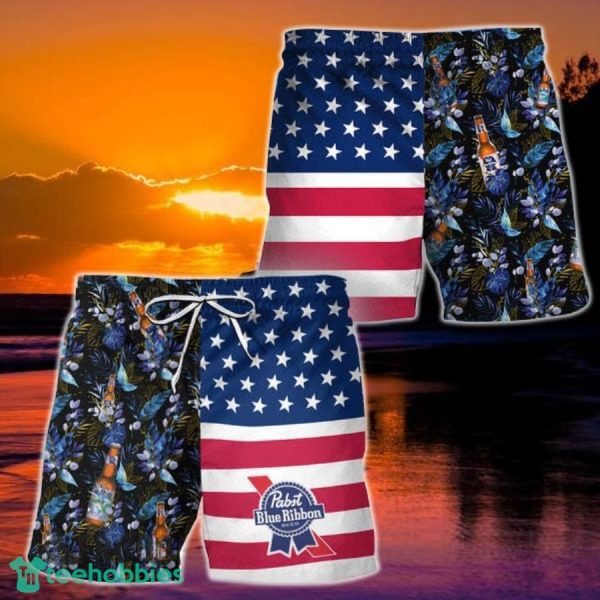 Pabst Blue Ribbon Flower American Flag Hawaiian Shorts