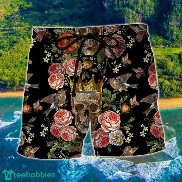 Skull And Flowers Art Hawaii Shorts For Men - Skull Shorts Swim Trunks