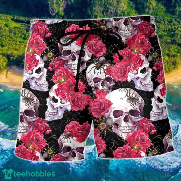 Skull And Roses Floral Hawaii Shorts For Men - Skull Shorts Swim Trunks
