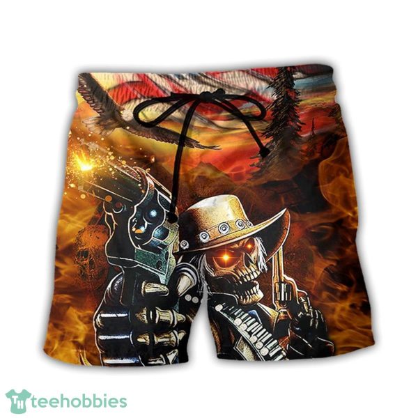 Skull Cowboy Shot Gun American Flag Hawaii Shorts For Men - Skull Shorts Swim Trunks