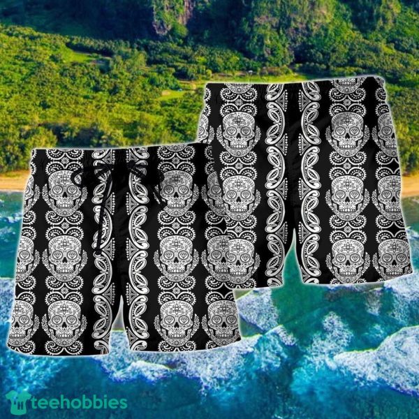 Skull Diamond Pattern Black And White Hawaii Shorts For Men Skull Shorts Swim Trunks - Image 2