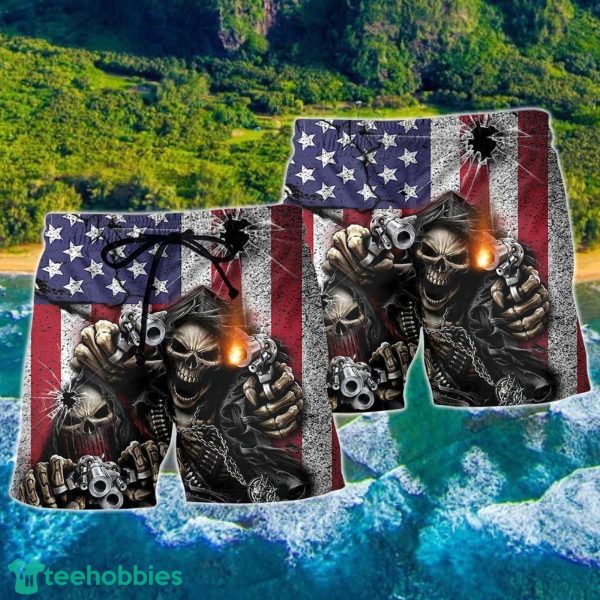 Skull Shot Gun American Flag Hawaii Shorts For Men Skull Shorts Swim Trunks - Image 2
