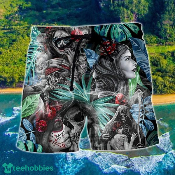 Skull Tropical White Smoke Red Flower Hawaii Shorts For Men Skull Shorts Swim Trunks