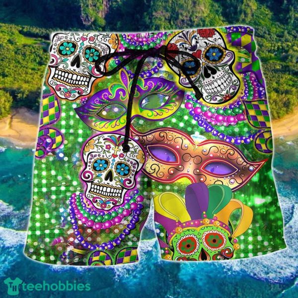Sugar Skull Mardi Gras Color Hawaii Shorts For Men Skull Shorts Swim Trunks