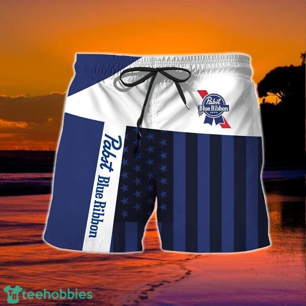 Summer American Flag Patch Pabst Blue Ribbon Hawaiian Shorts - Image 2