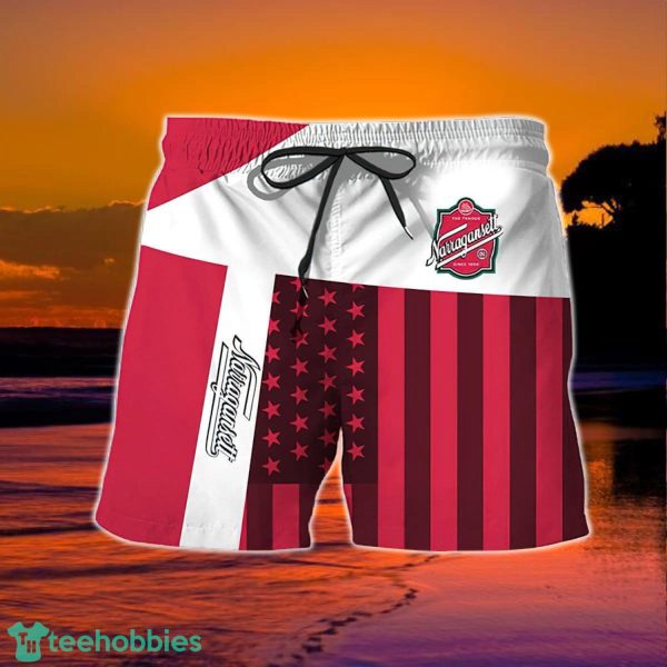 Summer American Flag Patch Narragansett Beer Hawaiian Shorts - Image 2
