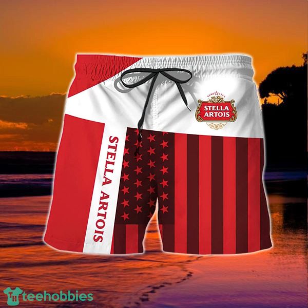 Summer American Flag Patch Stella Artois Hawaiian Shorts - Image 2