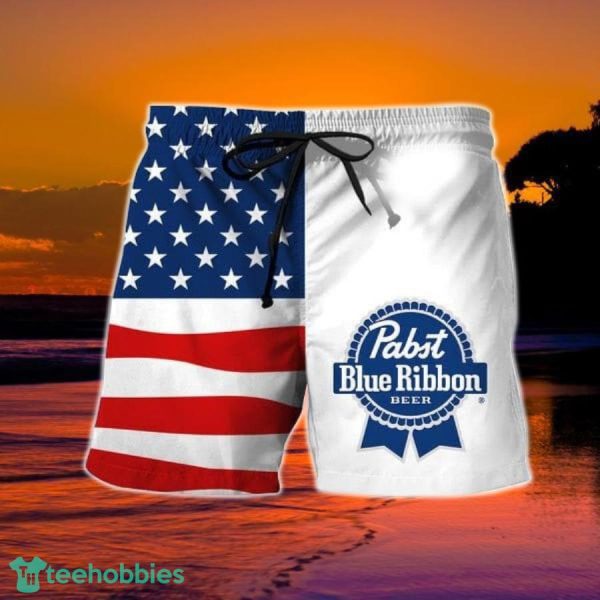 USA Flag Fourth Of July Pabst Blue Ribbon Hawaiian Shorts - Image 2