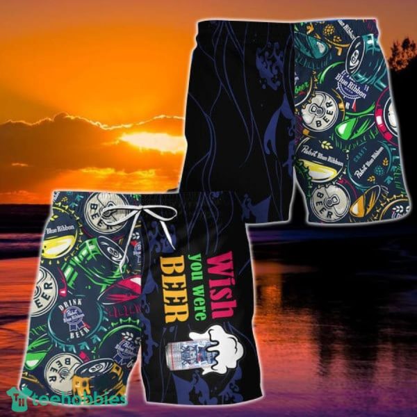 Wish You Were Beer Pabst Blue Ribbon Hawaiian Shorts