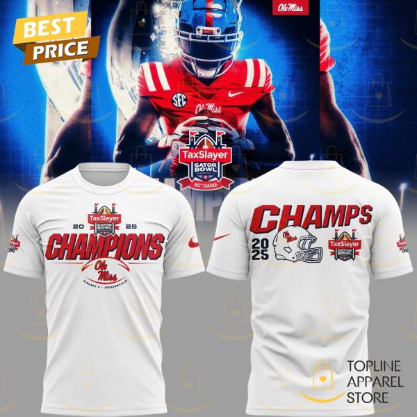 2025 Ole Miss Rebels Taxslayer Gator Bowl Champions 3D T-Shirt - White