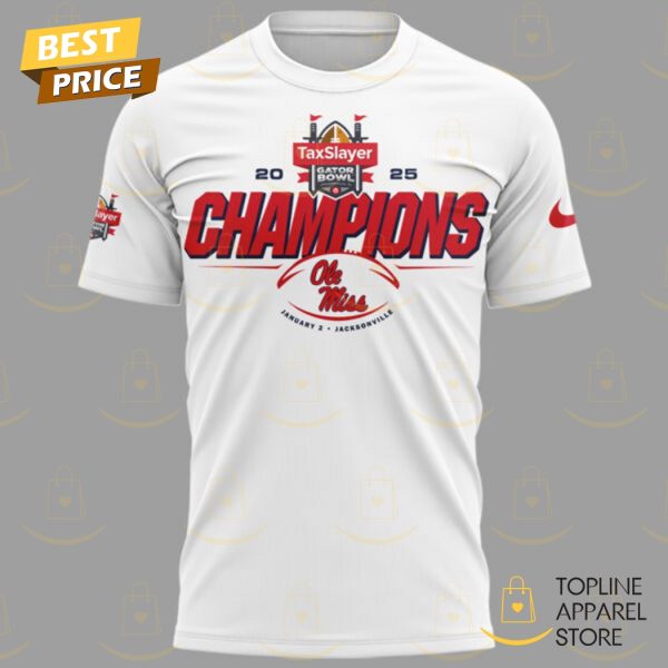 2025 Ole Miss Rebels Taxslayer Gator Bowl Champions 3D T-Shirt - White - Image 2