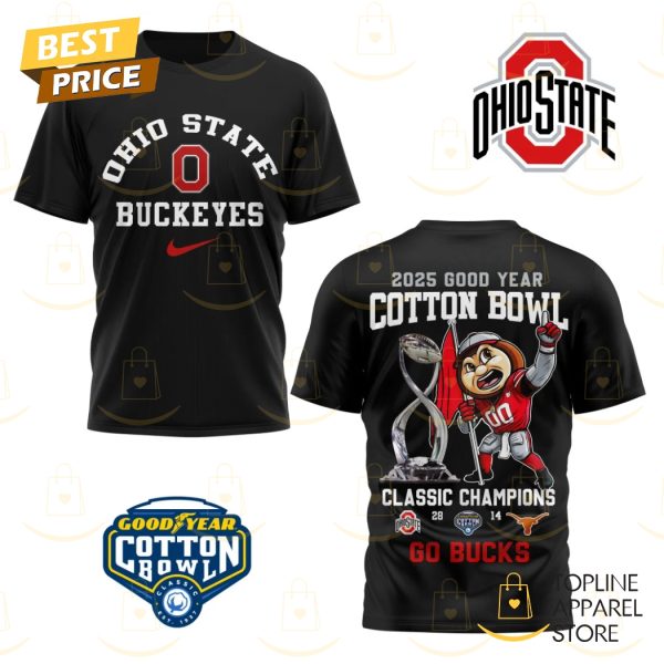 Ohio State Buckeyes 2025 Goodyear Cotton Bowl Classic Champions Go Bucks 3D T-Shirt - Black