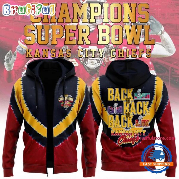 Red Kansas City Chiefs Super Bowl LIX Champions Shield Tie-Dye Zipper Hoodie