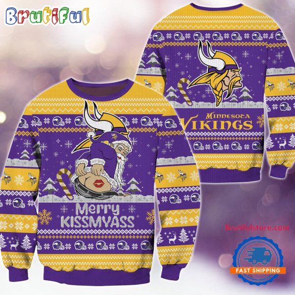 Minnesota Vikings NFL 2024 Merrykissmyass Funny Santa Claus Christmas Ugly Sweater
