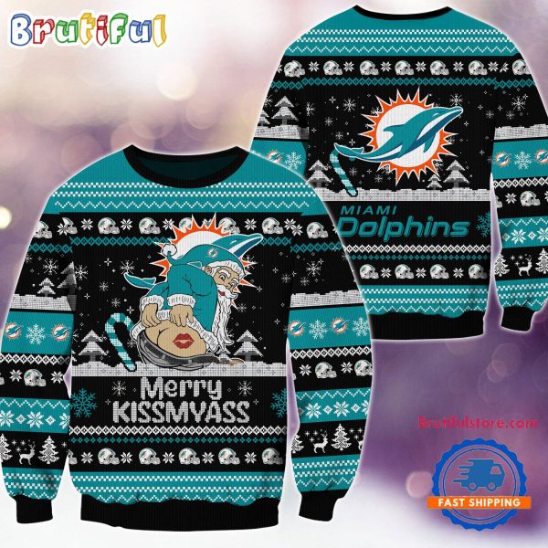 Miami Dolphins NFL 2024 Merrykissmyass Funny Santa Claus Christmas Ugly Sweater