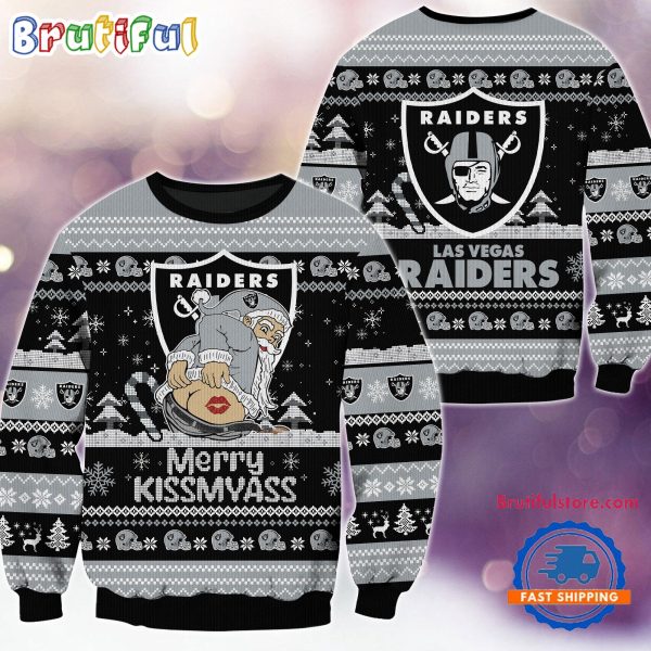 Las Vegas Raiders NFL 2024 Merrykissmyass Funny Santa Claus Christmas Ugly Sweater