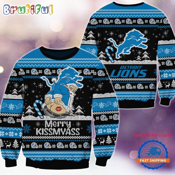 Detroit Lions NFL 2024 Merrykissmyass Funny Santa Claus Christmas Ugly Sweater