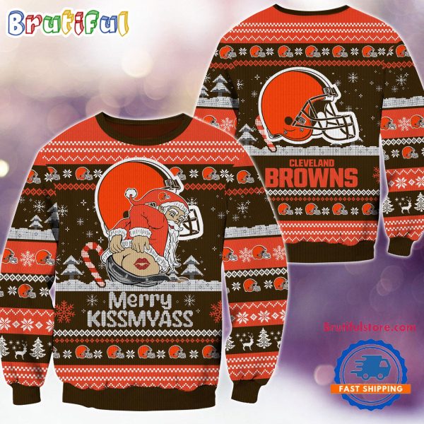 Cleveland Browns NFL 2024 Merrykissmyass Funny Santa Claus Christmas Ugly Sweater