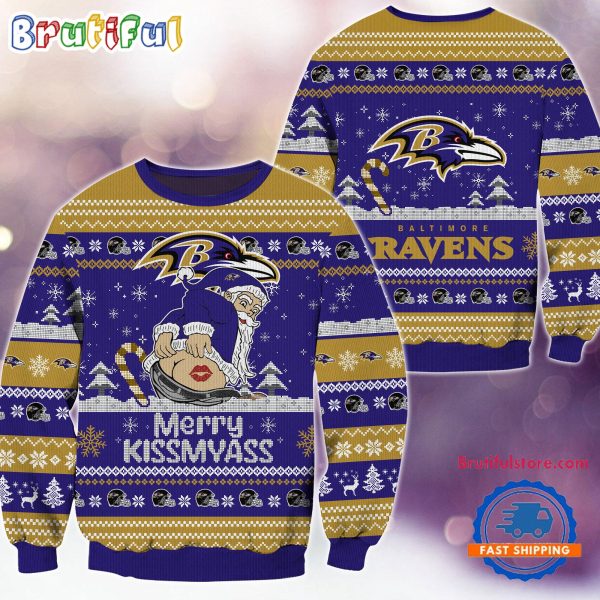 Baltimore Ravens NFL 2024 Merrykissmyass Funny Santa Claus Christmas Ugly Sweater