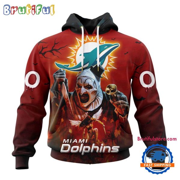 NFL Miami Dolphins Horror Terrifier Ghoulish Valak Halloween Football Hoodie